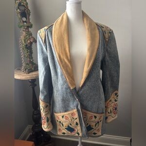 Floral Embroidered Denim Blazer with Tan Details